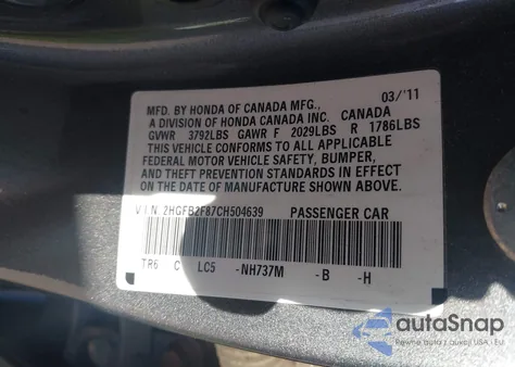 2012 Honda Civic Ex z USA, uszkodzony, nr VIN 2HGFB2F87CH504639